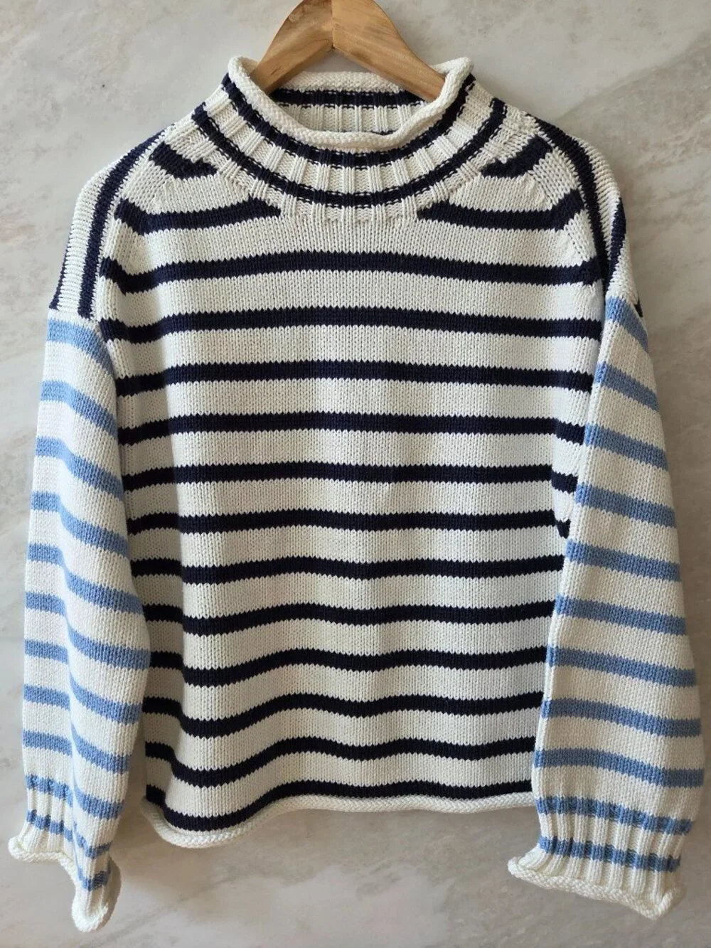 NEW JCREW 2025 Rollneck sweater in stripe XS blue mist ivory navy